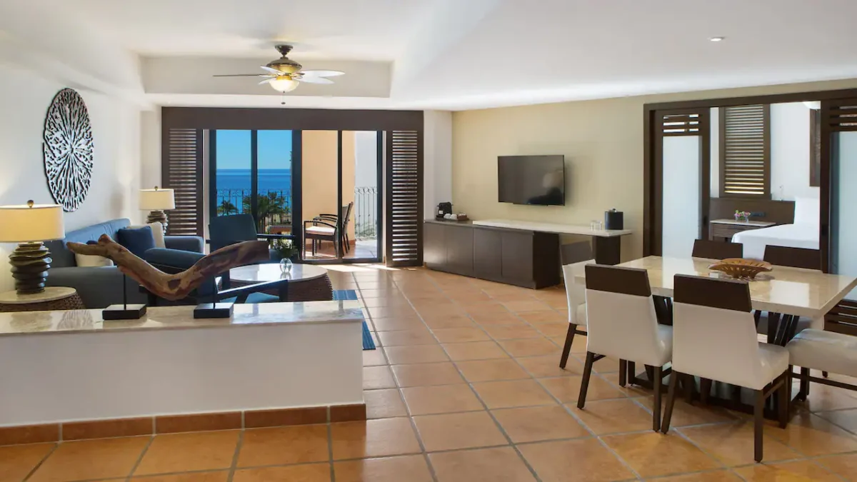 Club Ocean View One Bedroom Master Suite bathroom with jetted tub, double vanity, and walk-in shower at Hyatt Ziva Los Cabos.
