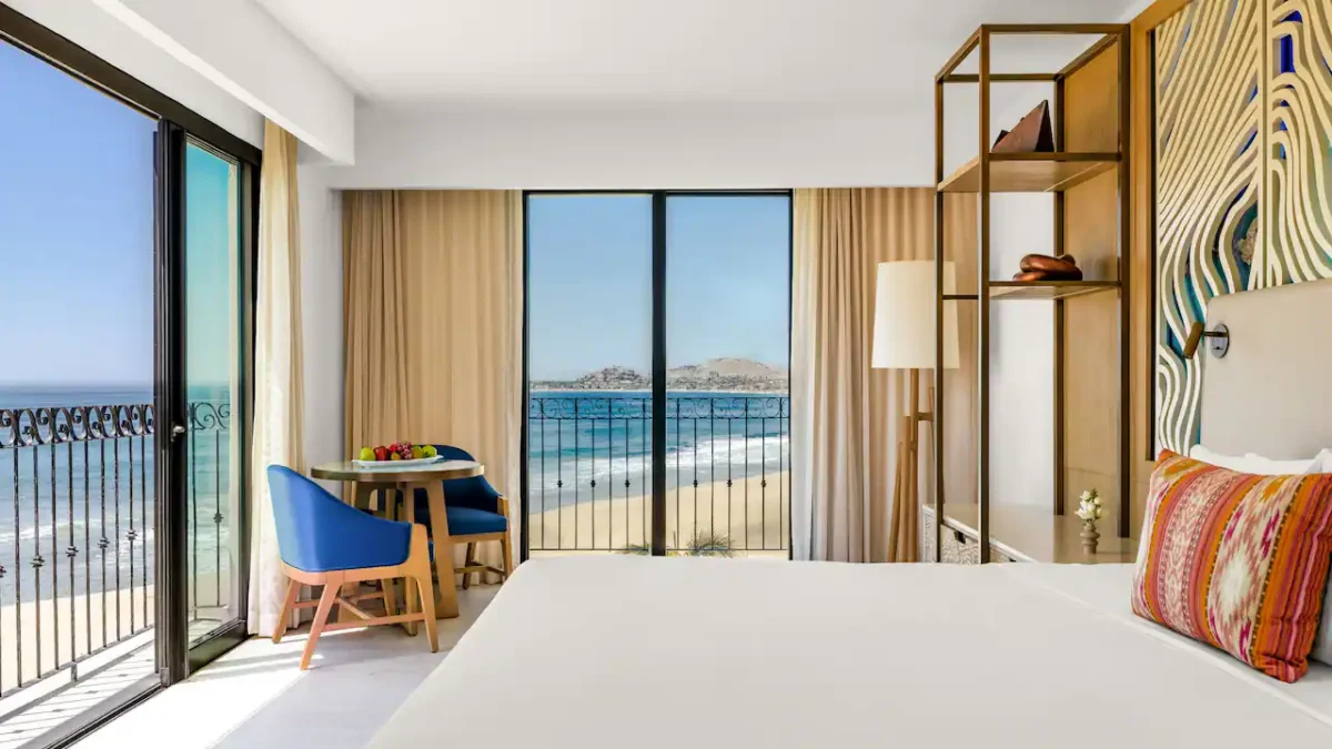Deluxe Oceanfront Master King bedroom with king bed and Juliet balcony overlooking the Sea of Cortez at Hyatt Ziva Los Cabos.